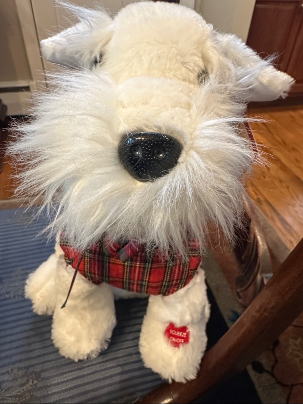 Vintage NWT stuffed white Scottie  with  plaid vest  sings “Put On A Happy Face”
